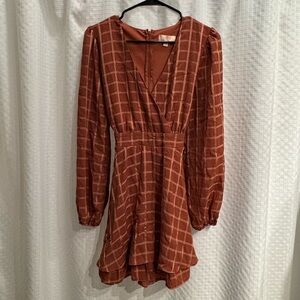 Charmed Hearts Rust Grid Long-Sleeve V-Neck Dress